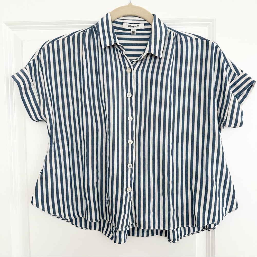 Madewell Blue & White Striped Short Sleeve Button Down Shirt - Hilltop Shirt
